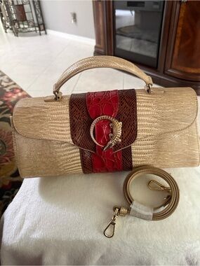 Brahmin Gold and Red Textured Top-Handle Bag with Alligator Accent